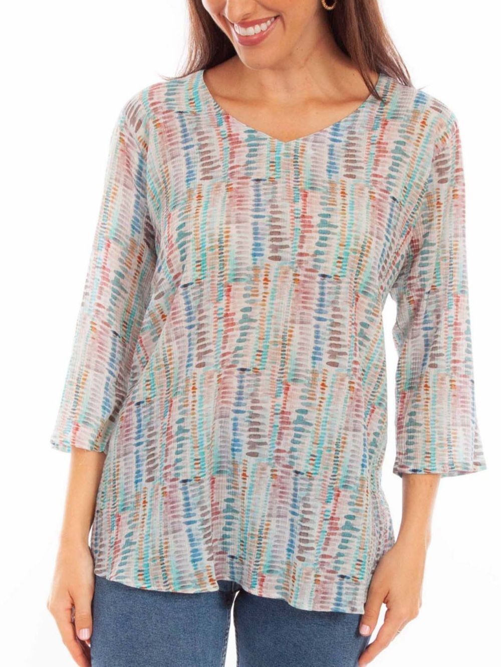 Scully Multicolor Striped V-Neck Tunic in Blue, Teal, Tan, Gray, Pink XS